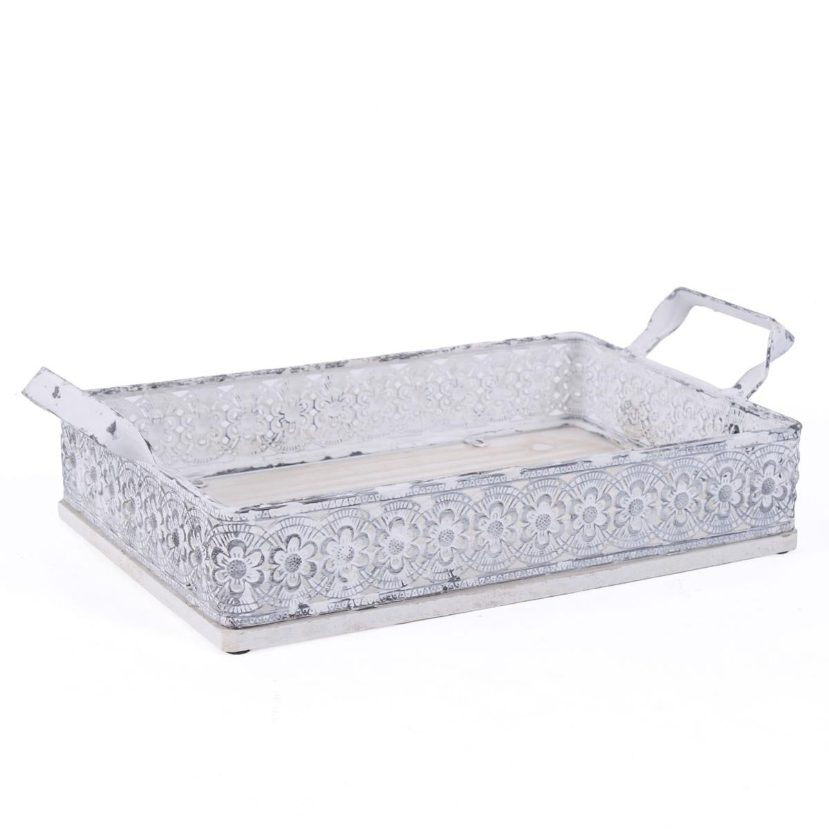 Vassoio in metallo bianco e legno di abete 29X19H6