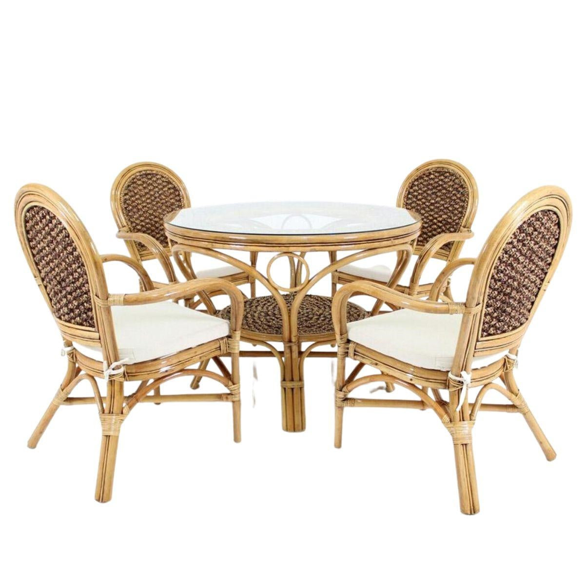 Set tavolo (Ø100H75) e 4 sedie in rattan e banano