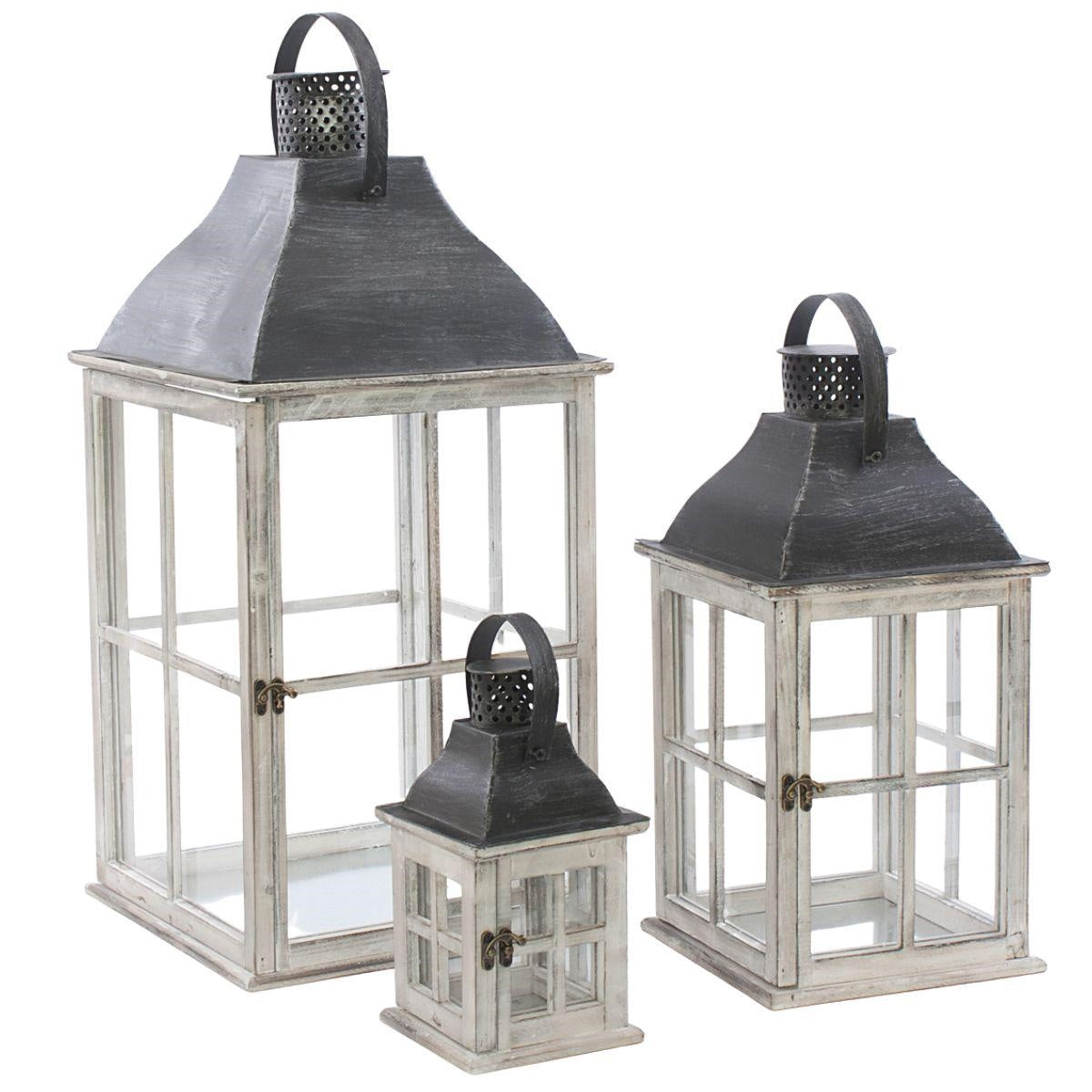 Lanterna bianca in abete e metallo 32X32H68 in set di 3