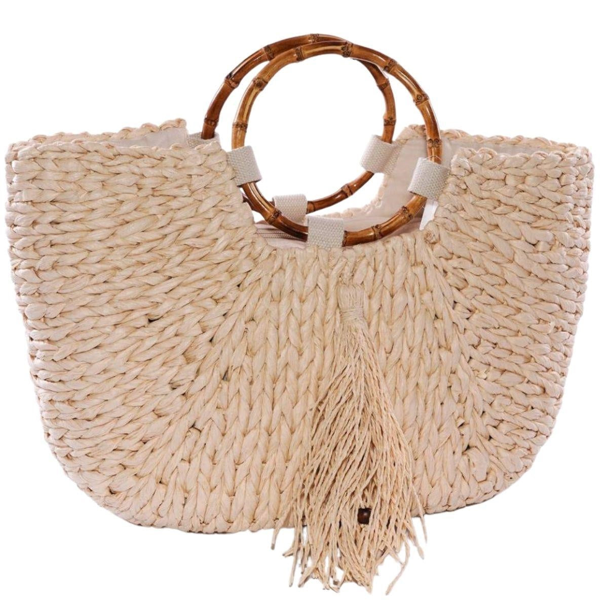 Borsa a mezzaluna in fibre naturali e manici in bambù 47XH27